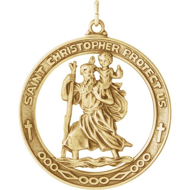 Yellow Gold Bas Relief Sculptural Cut Out Round Saint Christopher Medal Pendant Round Shape with "Saint Christopher Protect Us" - 14 Karat Yellow Gold