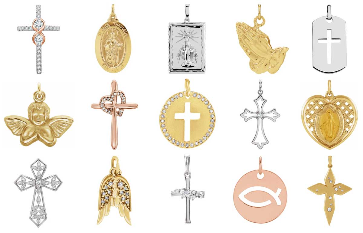 Collection of Crosses, Medals, and Religious Jewelry Pendants in Yellow, Rose and White Gold