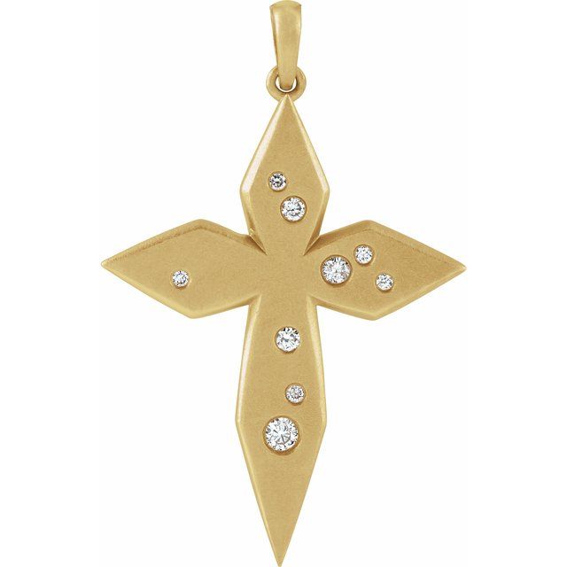 Contemporary Kite Shaped Cross Pendant with Galaxy Diamond Accents in 14 Karat Yellow Gold - .08 CTW Natural Diamonds