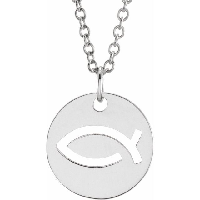 Small Ichthus Fish Disc Pendant or Necklace in 14 Karat White Gold