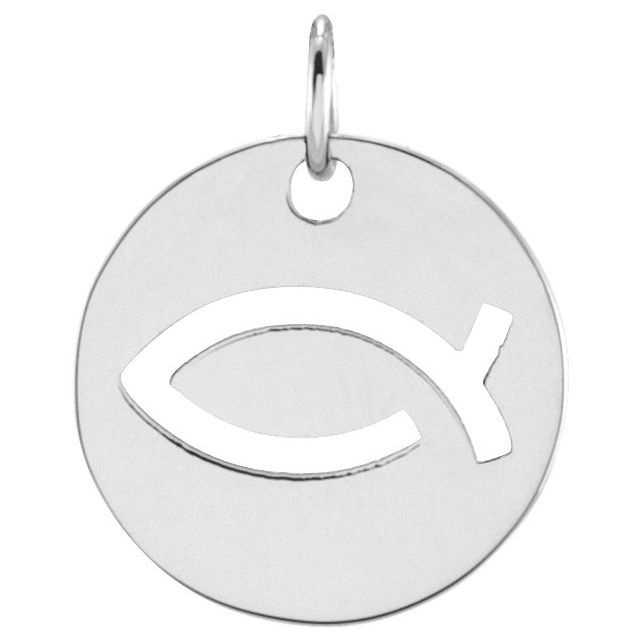 Small Ichthus Fish Disc Pendant or Necklace in 14 Karat White Gold