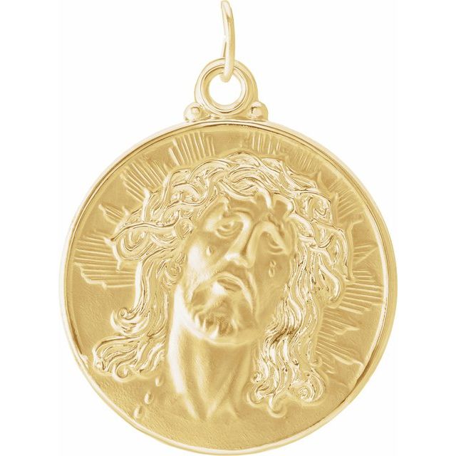 Yellow Gold Face of Jesus (Ecce Homo) Round Medal - Solid 14K Gold Sculptural Round Jesus Head Face Pendant With Crown of Thorns