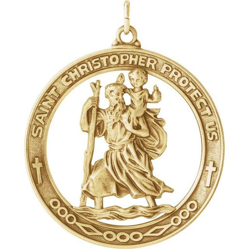 Yellow Gold Bas Relief Sculptural Cut Out Round Saint Christopher Medal Pendant Round Shape  with "Saint Christopher Protect Us" - 14 Karat Yellow Gold